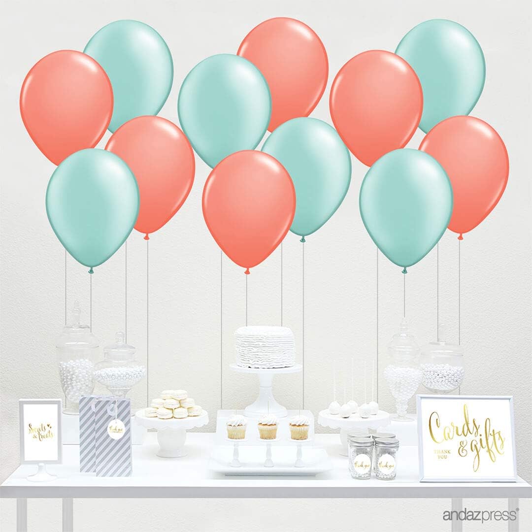 Andaz Press 11-inch Latex Balloon Duo Party Kit with Gold Cards & Gifts Sign, Coral and Mint Green, 12-pk, Bridal Baby Shower Decorations