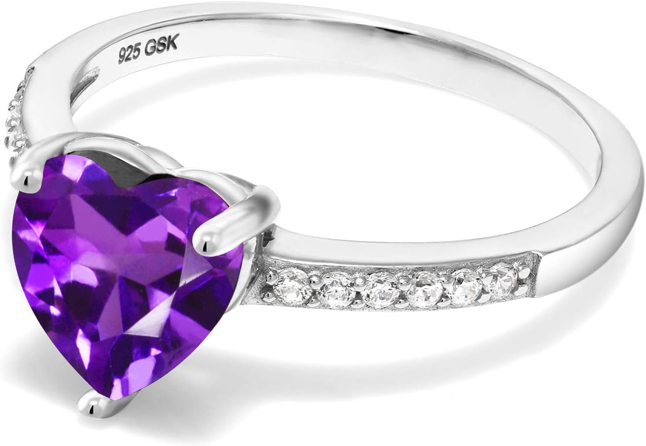 Gem Stone King 925 Sterling Silver 8MM Heart Shape Gemstone Birthstone Ring For Women | Wedding Engagement Anniversary Promise Heart Ring For Women | Available In Size 5, 6, 7, 8, 9