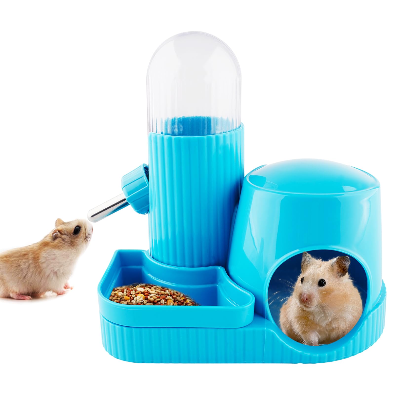 3 in 1 Multifunctional Hamster Water Bottle No Drip Gerbil 100ML Water Bottle Dispenser with Food Bowl Small Animal Auto Dispenser with Hideout Base Hamster Cage Accessories (Blue)