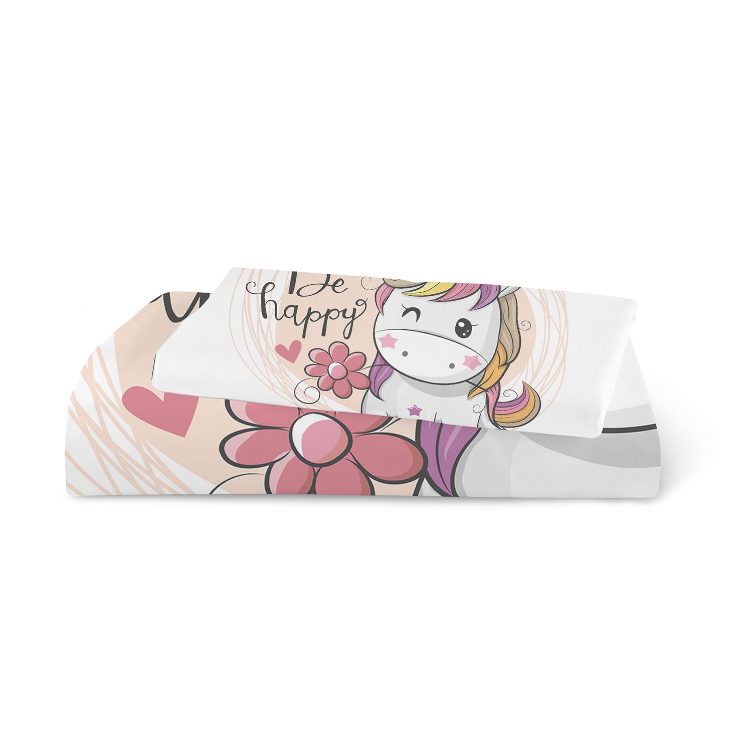 DJDEA Housse de Couette Licorne 1 Personne 90x190 cm Enfant Parure de Lit en Microfibre, Housse Couette Fille et Taie d'oreiller 40x60 cm, 3D Imprimé Licorne Blanc