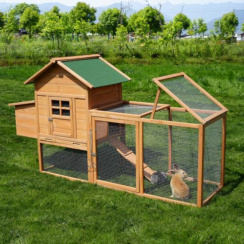 ECOLINEAR 80" Large Chicken Coop, Waterproof Outdoor Hen House for 2-4 Chickens, Wooden Chicken House with Nesting Box, Removable Tray, PVC Cover, Run, for Garden Backyard Cage