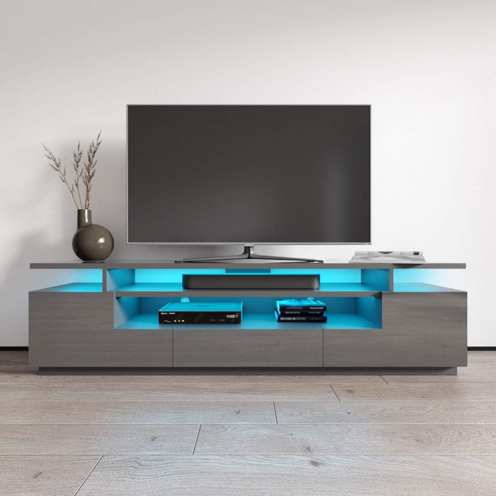 Meble Furniture Eva TV Stand for TVs up to 85" — High Gloss Entertainment Center with LED Lighting and Storage Cabinets — Dark Gray, 77" W