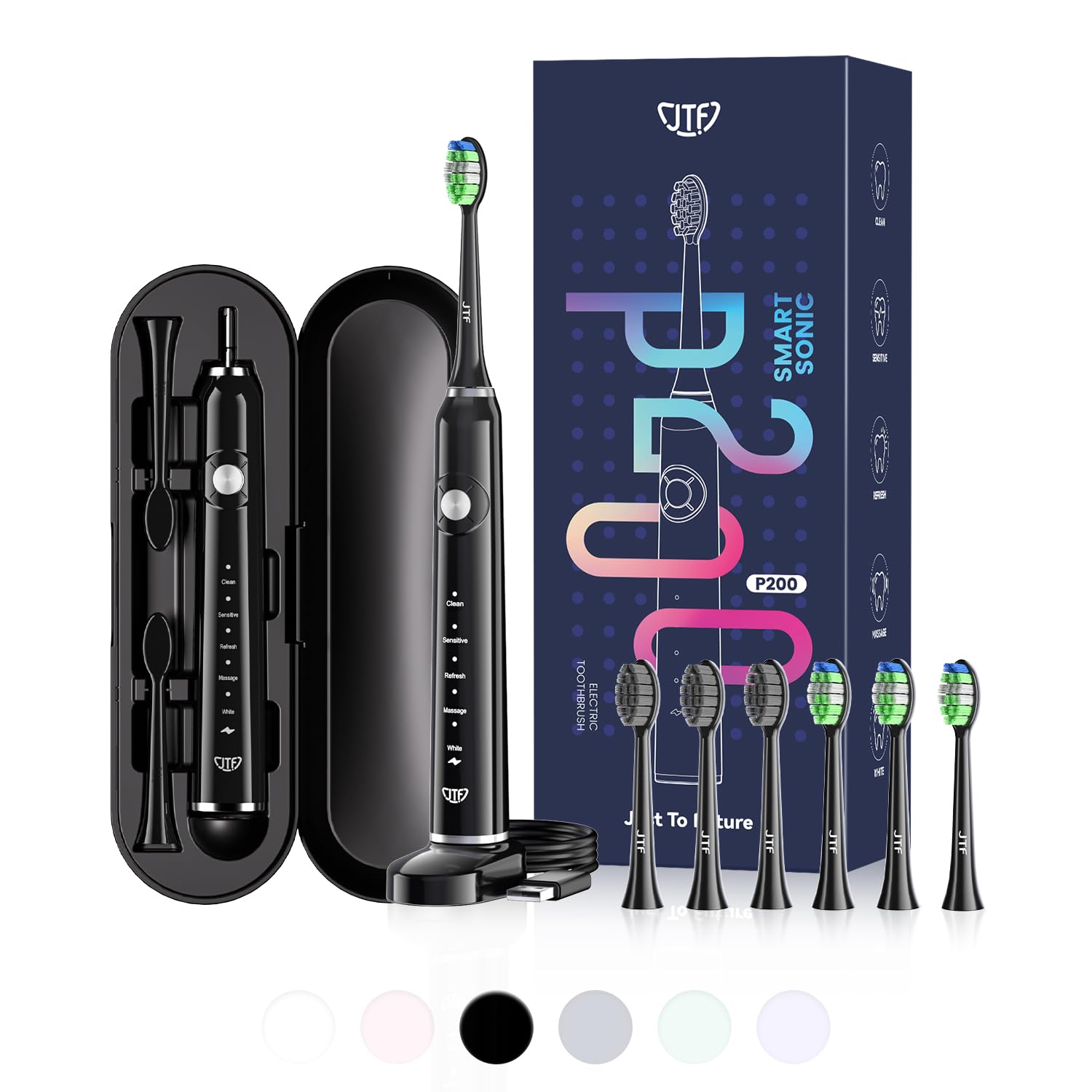 Sonic Electric Toothbrush with 6 Brush Heads (2 Types) for Adults and Kids, Deep Clean Rechargeable Toothbrush, 5 Modes, 60 Day Battery & Timer, IPX7 Waterproof, Travel Case, Charging Base, Black