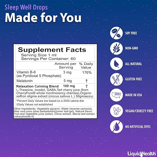 Miniatura 8 de LIQUIDHEALTH Sleep Well - Melatonina líquida de 2 onzas, suplemento de L-teanina y ayuda natural para dormir, duerme más rápido, permanece dormido