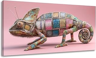 GAFSING Multi-color Patchwork Chameleon Canvas Wall Art for Living Room Office Whimsical Modern Geometric Textile Animal Painting Prints Canvas Artwork Dining Bedroom Decor. Extra Large