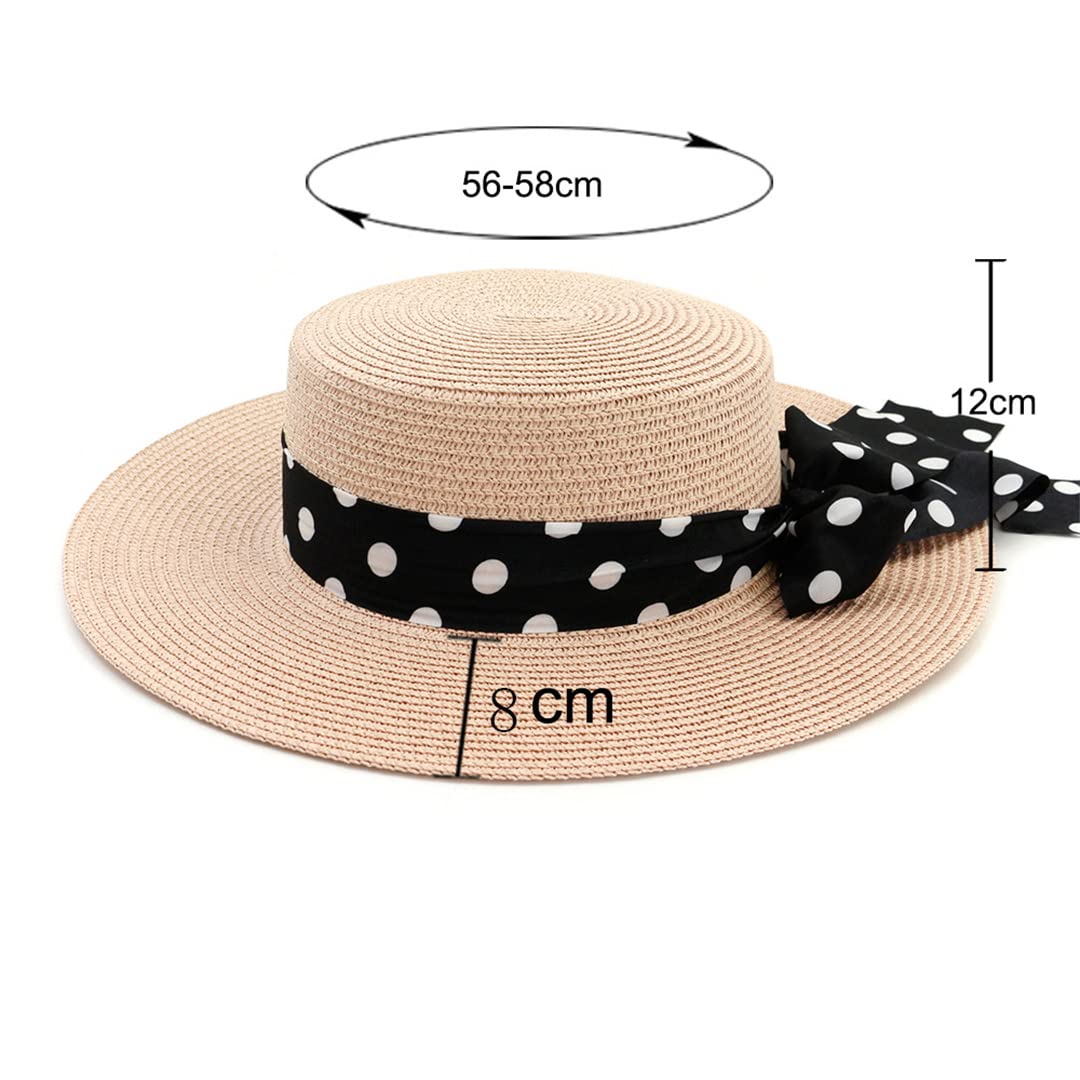 Woman Polka Dot Ribbon Bow Sun Hat Beach Hat Flat Top Cap Female