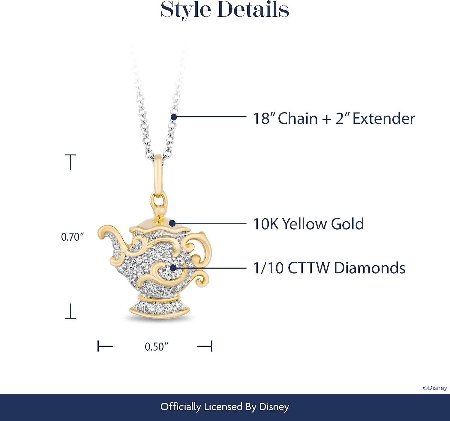 Jewelili Enchanted Disney Fine Jewelry 10K Yellow Gold 1/10 Cttw Natural White Round Diamond Belle 30th Mrs. Potts Pendant Necklace, 18" Cable Chain