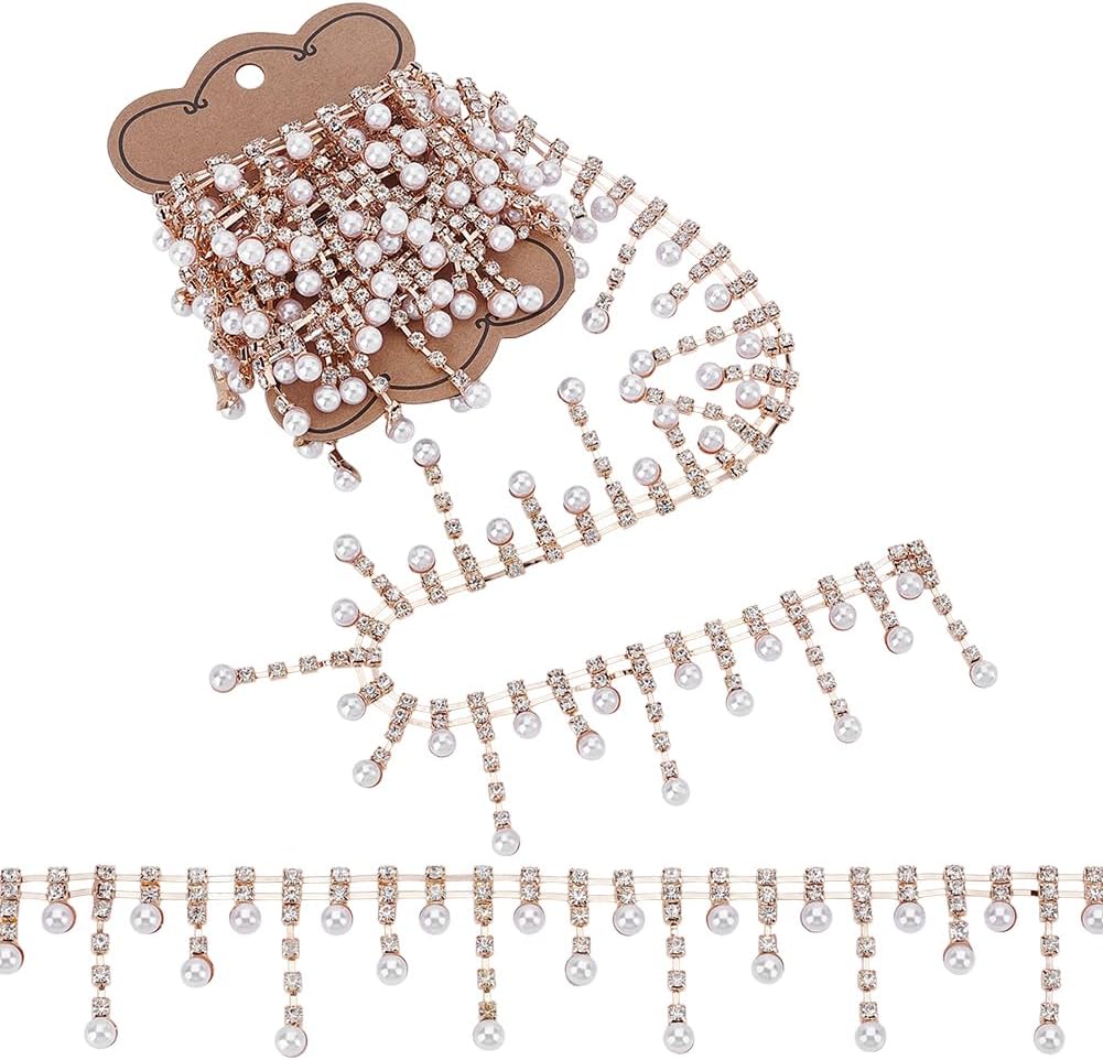 NBEADS 2 Yards Pearl Rhinestone Trim Chain, Rhinestone Cup Chains Sewing Beaded Trim Crystal Fringe Diamond Applique Ribbon for Wedding Veil Party Decoration Sewing Trims Cup Decoration, Platinum