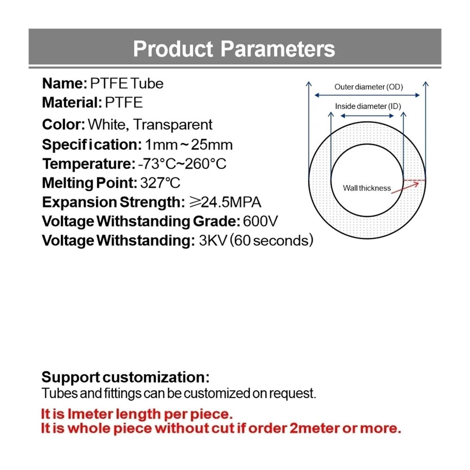 Manguera de tubo silicona Tubo de teflón ptfe 3KV/600V, identificación 0,8mm ~ 33,7mm for manguera transmisión pieza impresora 3D transparente(5M_ID12XOD16MM 2PCX50CM)