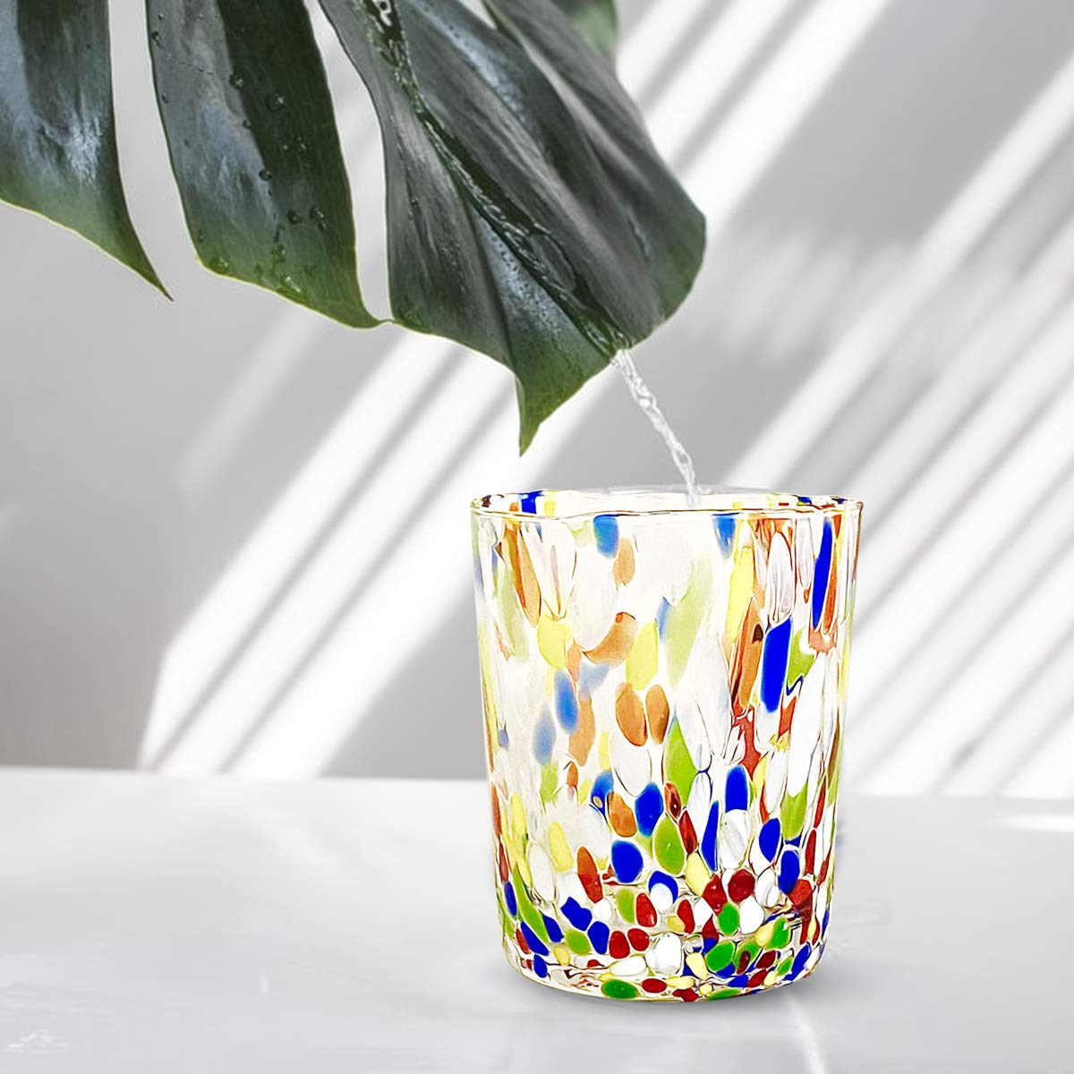 Gocce di Murano Un vaso de lluvia arco iris de cristal de Murano soplado 300 ml hecho a mano colorido paquete 2 copas de agua elegante y precioso (multicolor, 2)