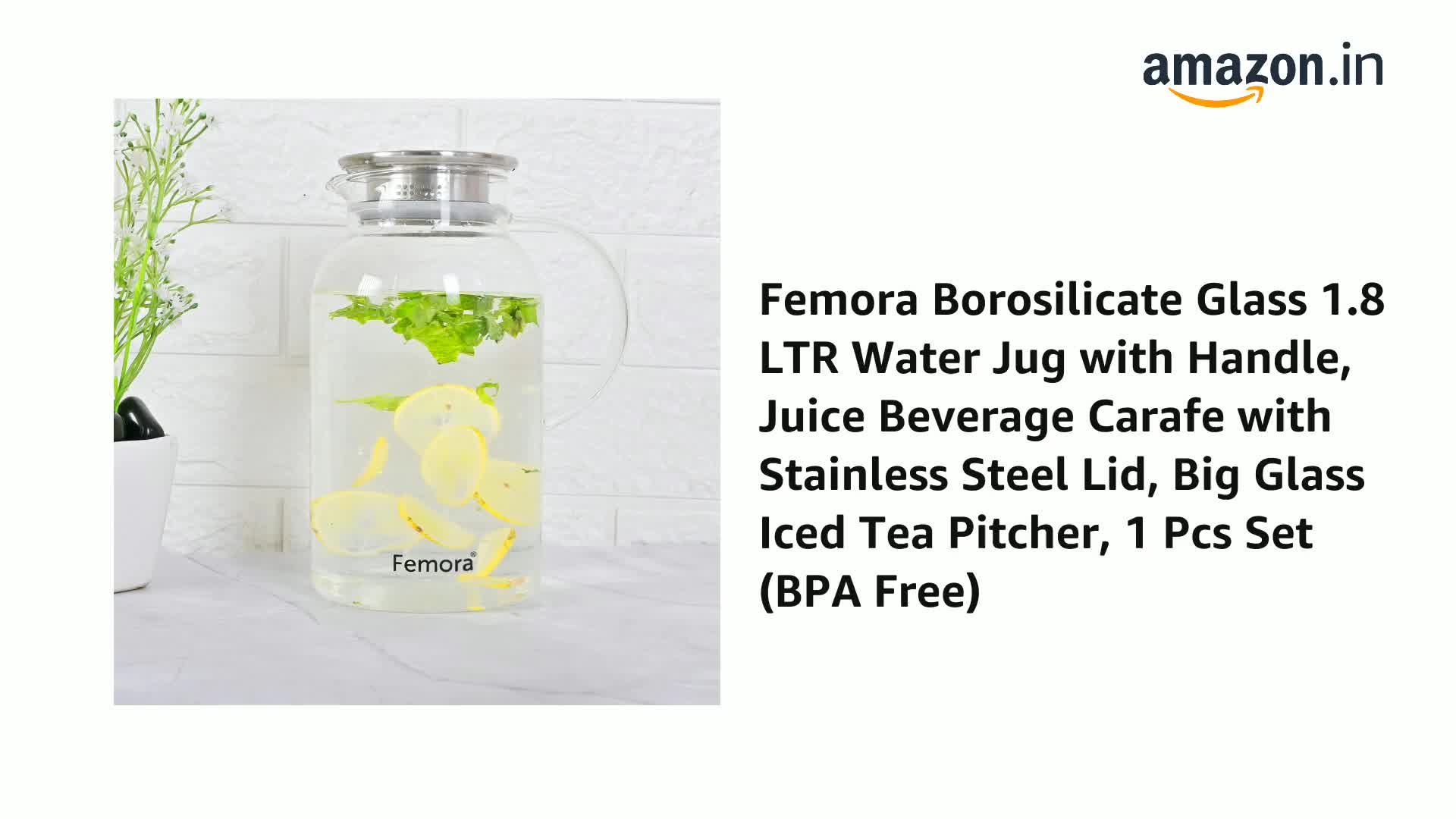 Femora Classic Elite Borosilicate Water Jug 1.8 Litre, Stainless ...