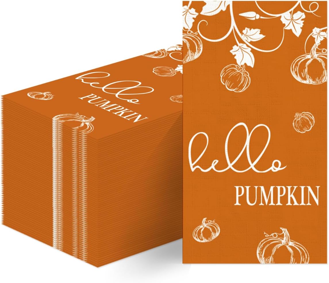 TAJWE 100 Count Hello Fall Disposable Napkins Orange Pumpkins Autumn Cocktail Napkins Thanksgiving Harvest Decorative Lunch Dinner Paper Guest Hand Towels for Kitchen Bathroom Party Supplies 4.3x7.8