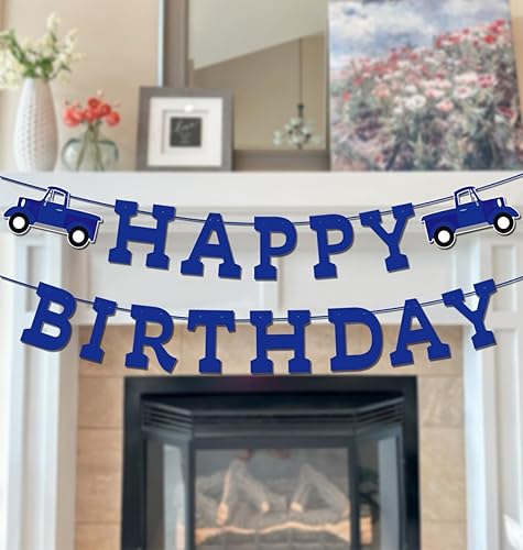 Miniatura 2 de Decoraciones de cumpleaños de camión azul pre-encordado azul feliz cumpleaños banner pequeño camión fiesta suministros favores