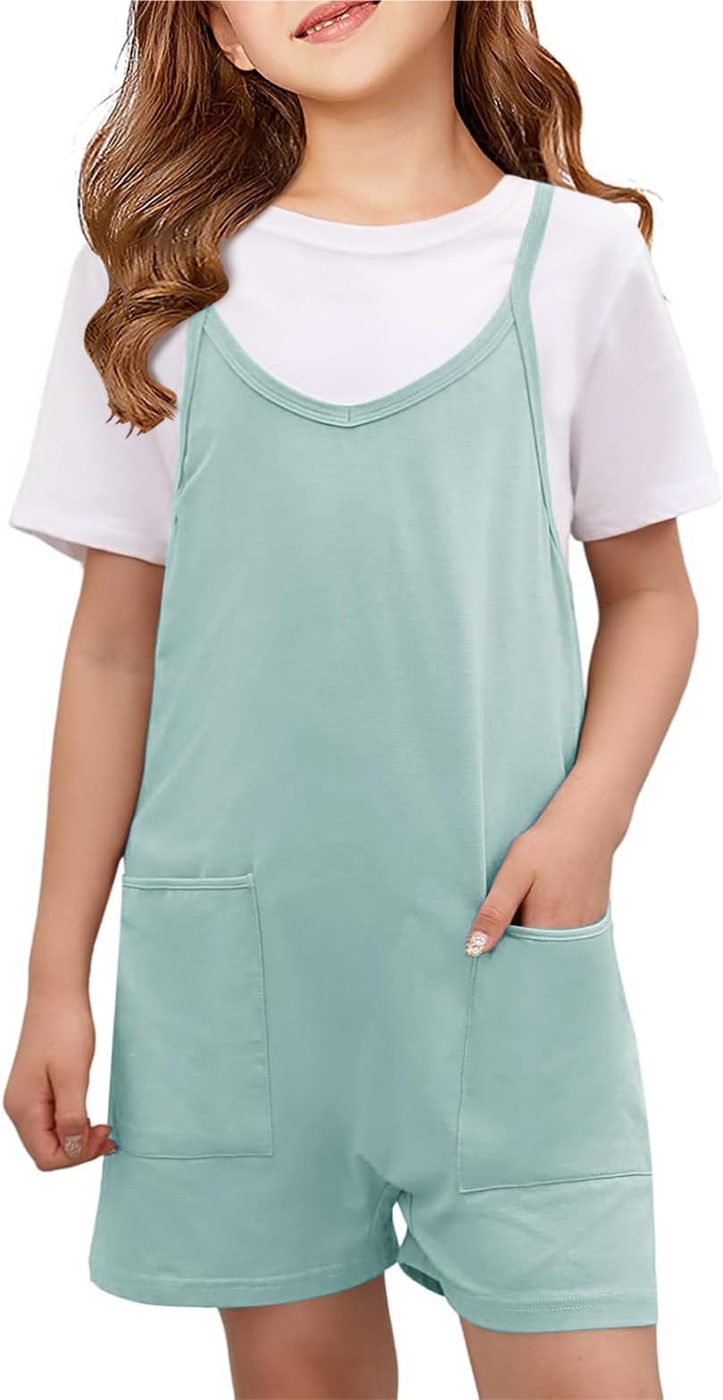 Girls Summer Jumpsuits Spaghetti Strap Sleeveless Loose Romper Short Pants with Pockets 5-14 Years