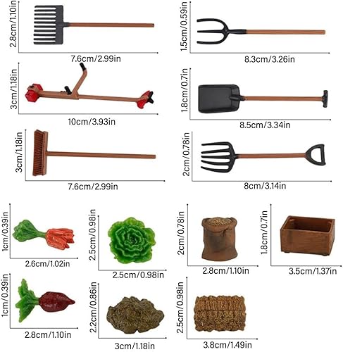 Miniatura 6 de gofidin Herramientas de agricultura en miniatura a escala 1:12, accesorios para muñecas, 13 piezas, pala, rastrillo, cortacésped, carrito de jardín,