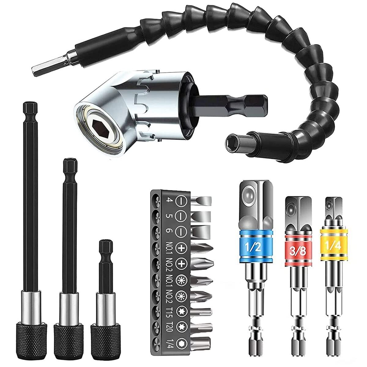 Tool Part for 9Pcs Drill Bit Extension Set with 1x 105 Degree Right Angle Drill Extension 3X Socket 1x Flexible Drill Ex - (Color: Picture Color)