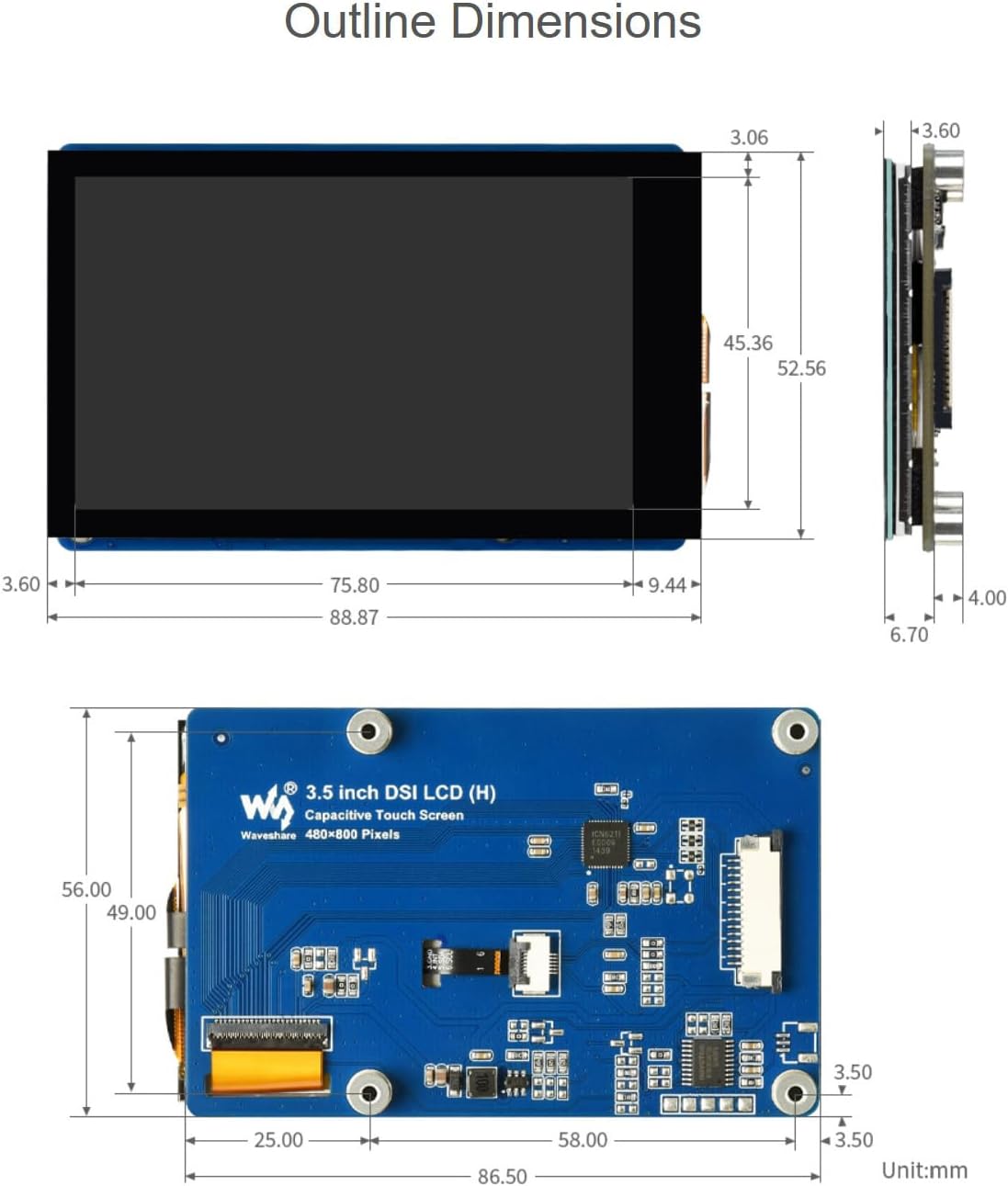 3.5inch DSI Capacitive Touch Display, 5-Point Touch, 480 × 800 Pixels, IPS Display Panel, for Raspberry Pi Series Boards @XYGStudy (3.5inch DSI LCD (H))