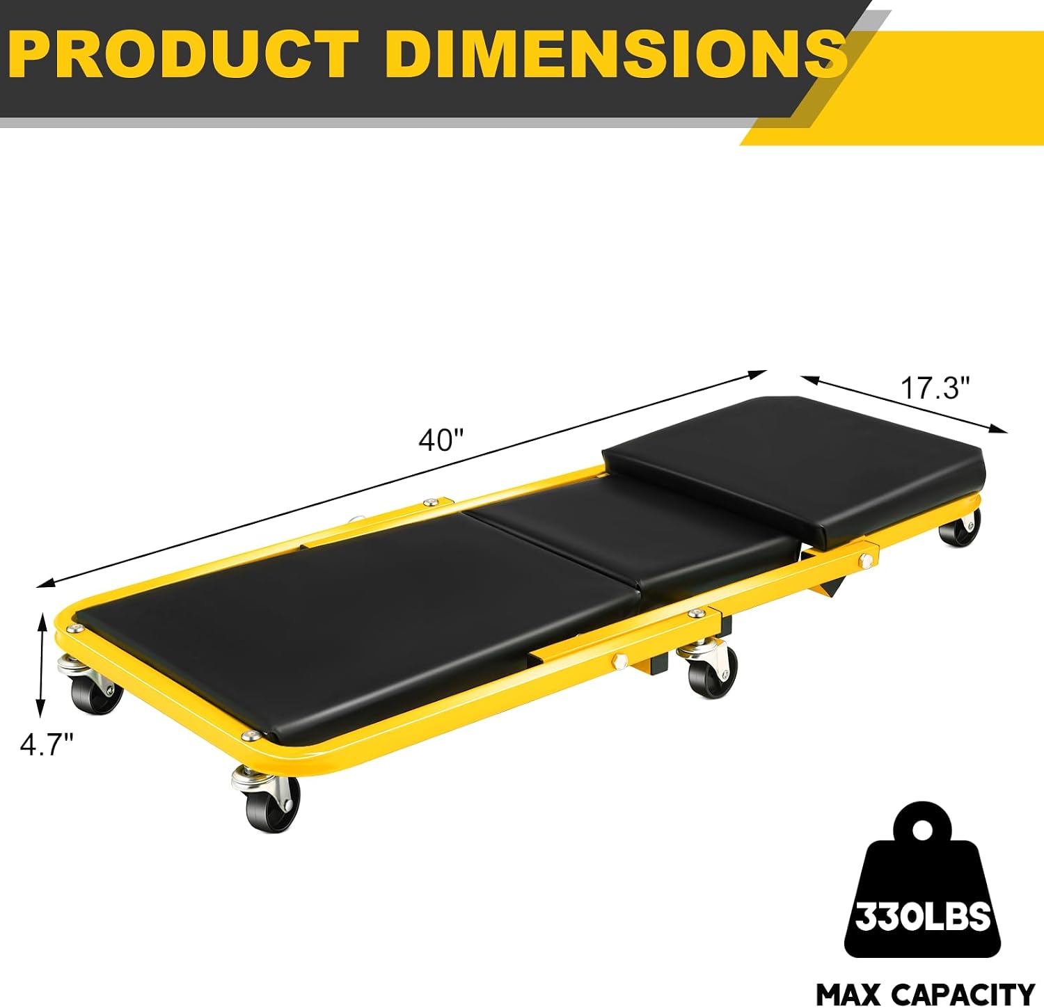 Low Profile Creeper with 6 Swivel Casters and Waterproof Seat Cushion, 40" Foldable Creeper for Garage Shop Warehouse, 2 in 1 Under Car Creeper Seat 330lbs Max Weight Capacity, Yellow