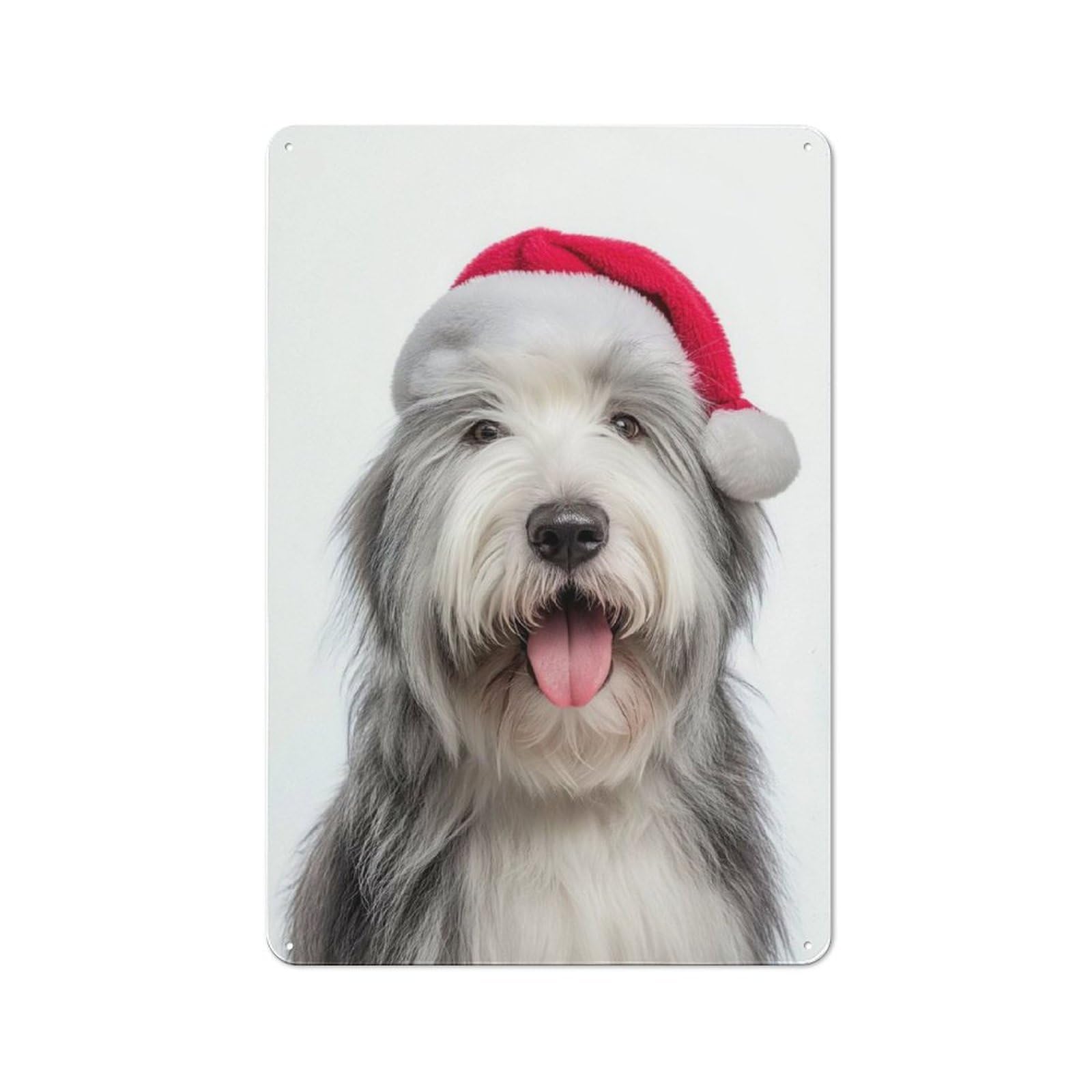 Junmoney Old English Sheepdog With Santa Hat Rustic Tin Wall Plaque 30X20cm For Garage Or Workshop, For Home Interiors, Feature Walls And Decorative Displays