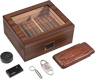 Black Ebony Humidor Cigar Box, Cigar Kit with Travel Cigar Case,Cigar Lighter Black,Cigar Cutter,Cigar Punch/Digital Hygrometer/Humidifier,Cigar Gift for Men/Women