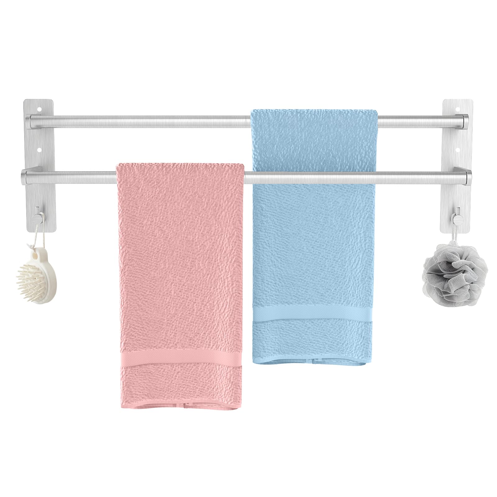 Double Towel Rail Wall Mounted, BETHOM 24″/60cm Self Adhesive Towel Rail Brushed Nickel, Aluminum Stick On Towel Holder, Waterproof & Rustproof Towel Rack for Bathroom Hotel, Adhesive or Drilling