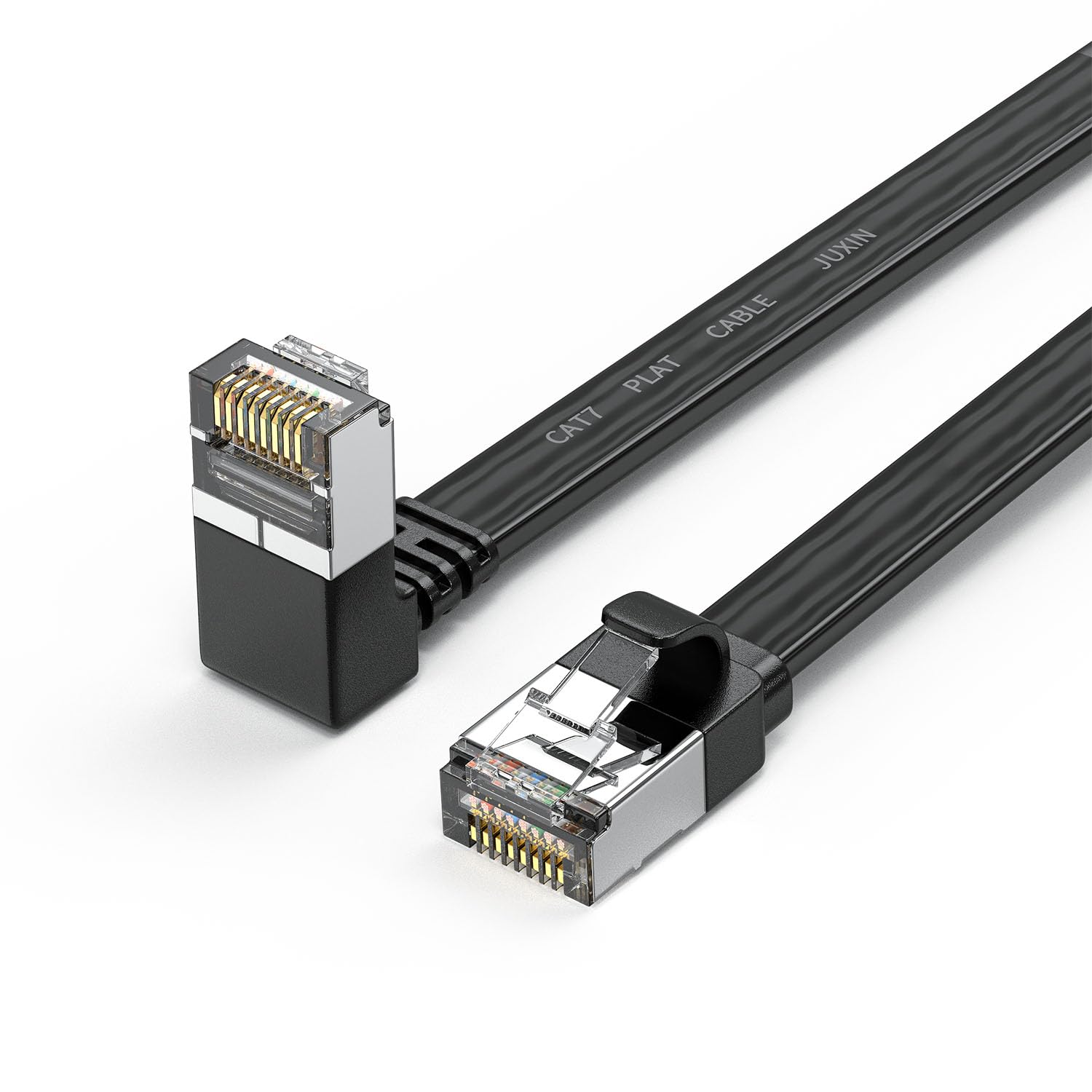 Photo 1 of JUXINICE Right Angle CAT 7 Ethernet Cable 10FT,Up Angle 90 Degree Cat 7 RJ45 Network Connector 10Gbps 500MHz,Internet Cable Extender Patch Cords for Gaming,Pc,Router,Modem