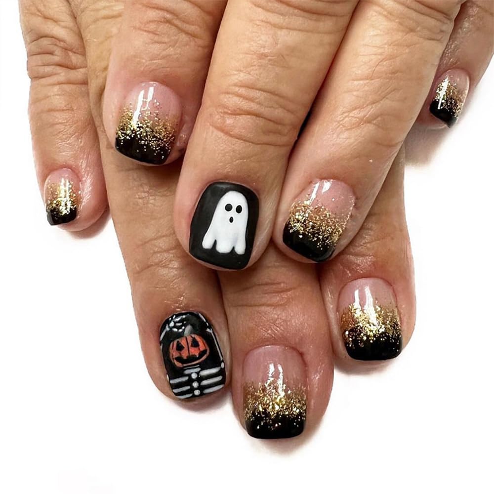 Short Halloween Press On French Tip Square Shape Glitter Nails - 24Pcs with Ghosts Skulls Designs, Nude False Acrylic Full Cover Glue on Black Stick on Nails for Women & Girls