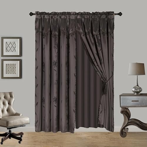 Cortina completa de lujo de jacquard sintético semitransparente con cenefa de fijación, 120 pulgadas de ancho x 84 pulgadas de largo (NADA) (café