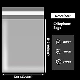 SOMIOCO Large 12X16 In 50 pcs Clear Self Seal Cello Cellophane Bags Resealable Plastic T Shirt Bags 1.4 mils Adhensive for Packaging Clothing, Party Favors, Gift, Treats
