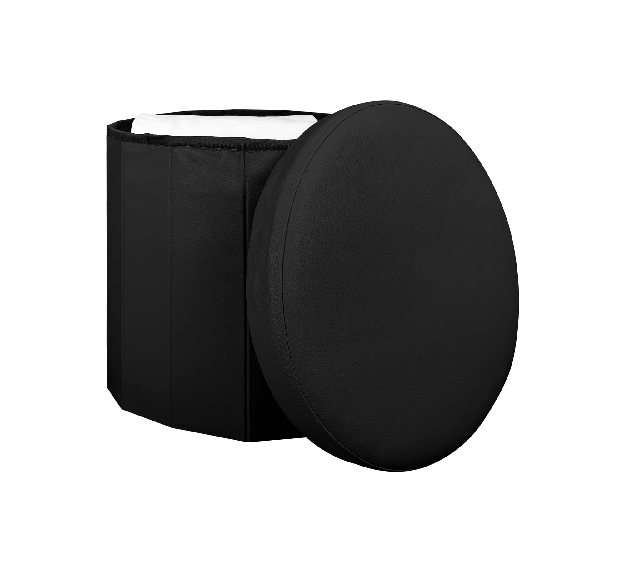 IlGruppone Pouf Contenitore Rotondo Portaoggetti in Ecopelle Poggiapiedi Salotto Sgabello Pouff Camera Design con Coperchio - Nero
