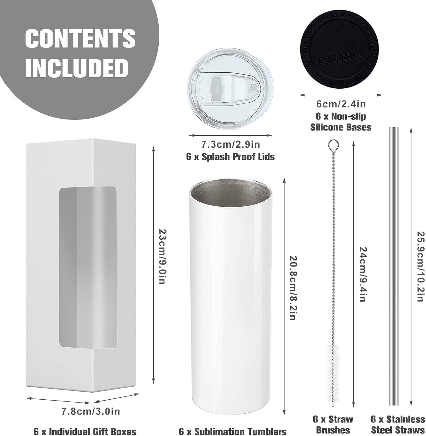 BetterSub 20 oz Sublimation Tumblers, 6 Pack Skinny Straight Stainless Steel Blanks with Lids & Straws, Double Wall Insulated White Cups, Includes Brush and Display Box - Image 2