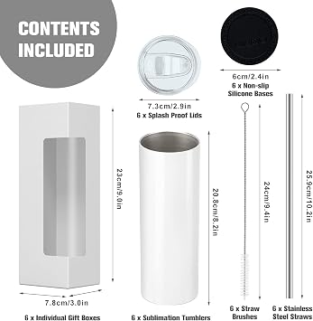 BetterSub 20 oz Sublimation Tumblers, 6 Pack Skinny Straight Stainless Steel Blanks with Lids & Straws, Double Wall Insulated White Cups, Includes Brush and Display Box