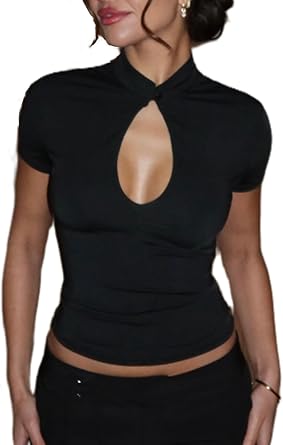 Women's Trendy Cut Out Short Sleeve Basic T-Shirt Sexy Vintage Hollowed-Out Tops Slim Fitted Y2k Going Out Crop Tight Tee
