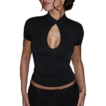 Women's Trendy Cut Out Short Sleeve Basic T-Shirt Sexy Vintage Hollowed-Out Tops Slim Fitted Y2k Going Out Crop Tight Tee