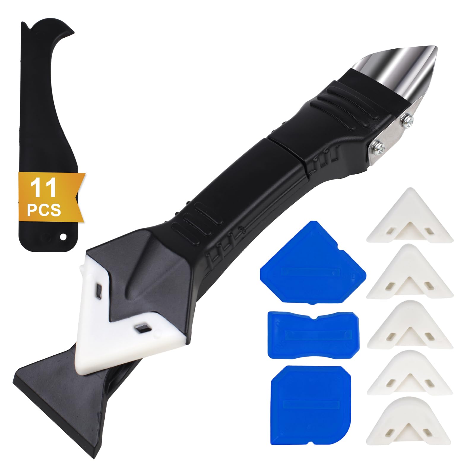 Sponsored Ad - 11Pcs Silicone Caulking Tools 3 in1 Grout Removal Tool(Stainless Steelhead)&Grout Remove Scraper,5 Silicone Replaceable Pads,4 Glass Glue Angle Scraper, Caulk Remover for Kitchen/Bathroom/Window/Joint