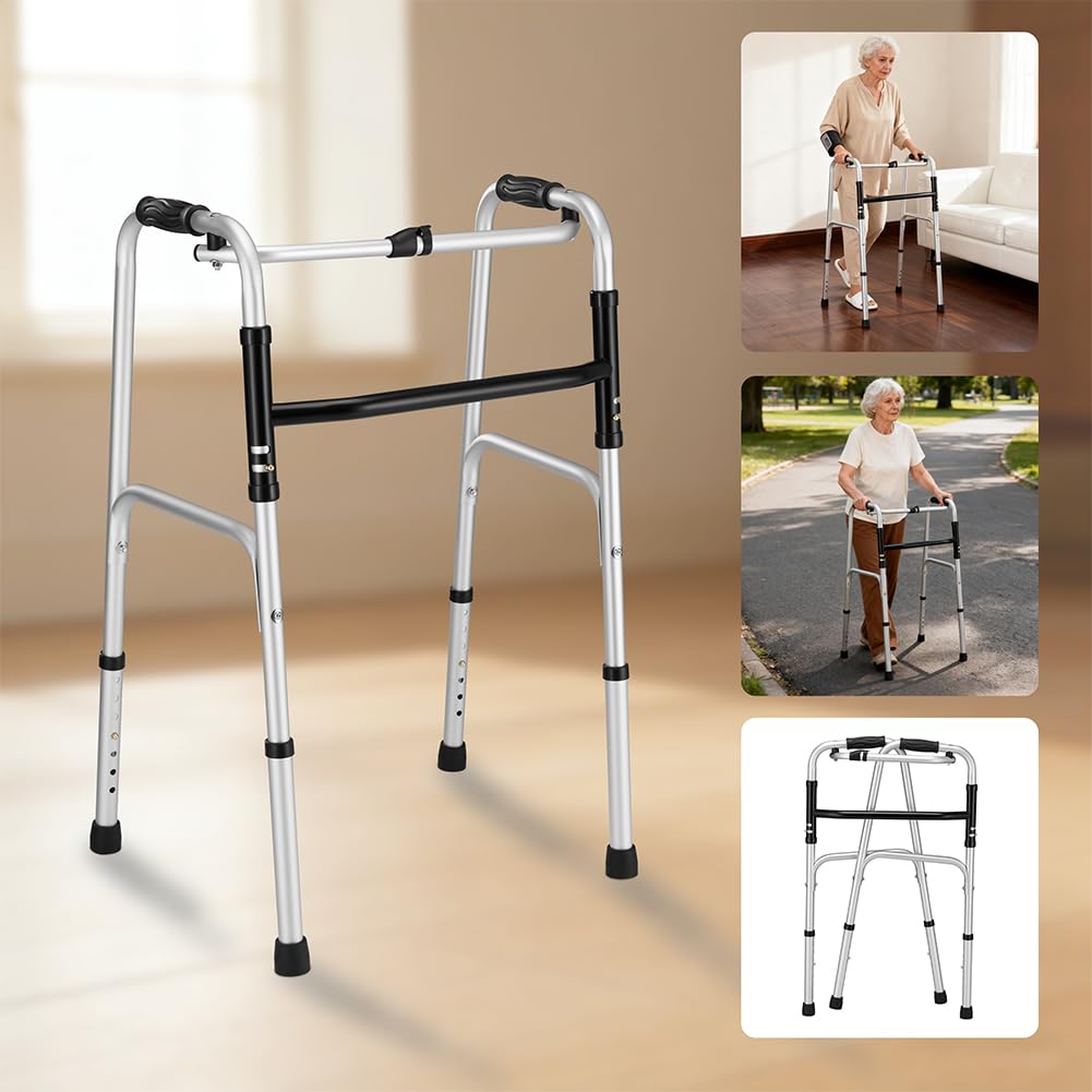 BAKAJI Deambulatore per Anziani Pieghevole con Struttura Leggera in Alluminio Salvaspazio, Walker Dispositivo di Aiuto per Persone Disabili con Mobilità Ridotta, Altezza Regolabile 77,8–92,8 cm