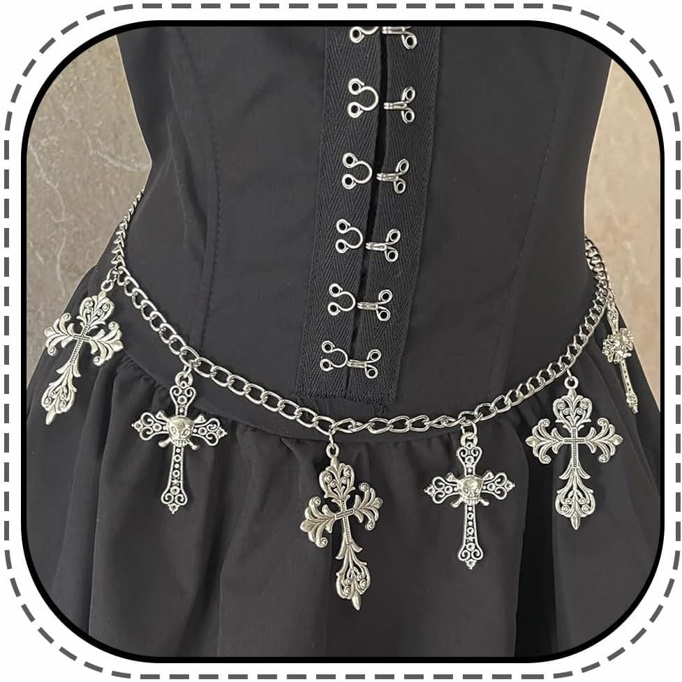 Cross Moon Waist Chain Belt - Punk Gothic Crossover Body Belly Chains Tassel for Women Girl (Silver)