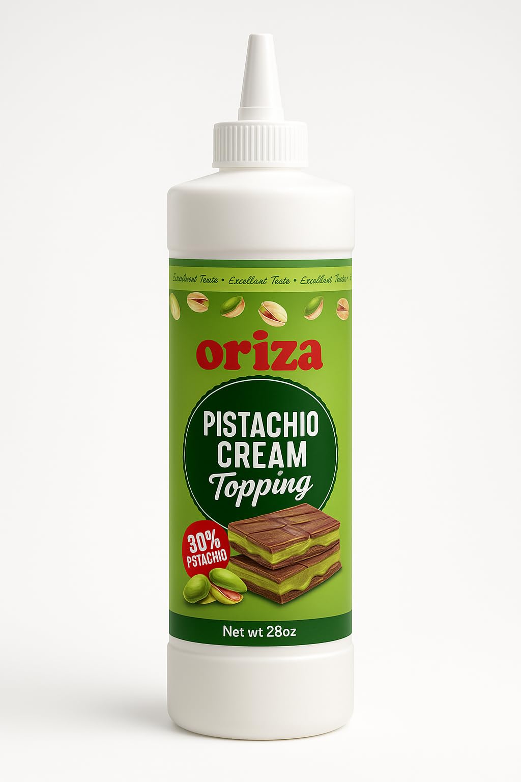 Oriza Pistachio Cream Topping 28oz 800g Bottle Pack of 24 Bulk Pistachio Spread with 30 Pistachios Palm Oil