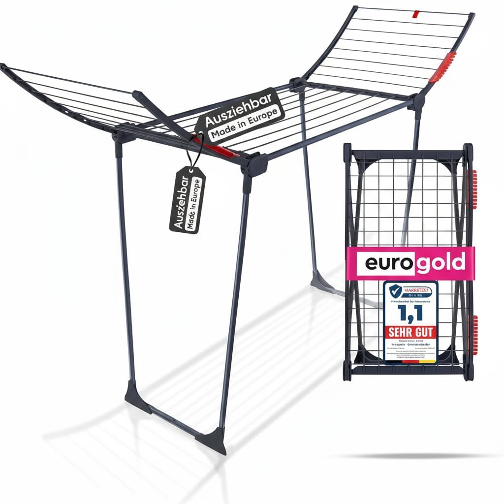 EUROGOLD Wäscheständer klappbar [18M TROCKENLÄNGE] (Schwarz) | Extra Stabiler Wäschetrockner platzsparend - Wäscheständer Balkon/Garten - Clothes Drying Rack (Made in Europe)