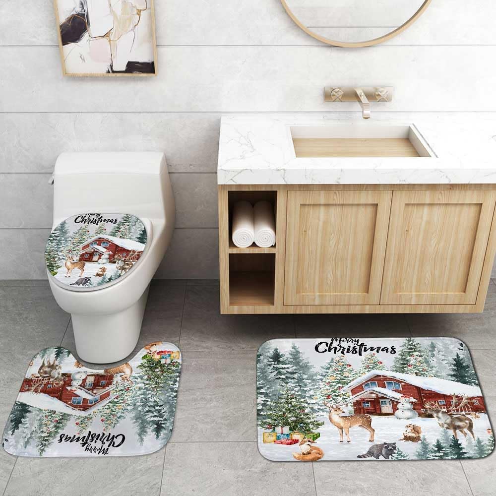 JAYDEN MADGE 4PCS Christmas Shower Curtain Set, Christmas Tree Snowman Forest Wildlife Animal Deer Fox Rabbit Squirrel Raccoon Snow Winter Holiday New Year Christmas Bathroom Decor, Non-Slip Bath Mat