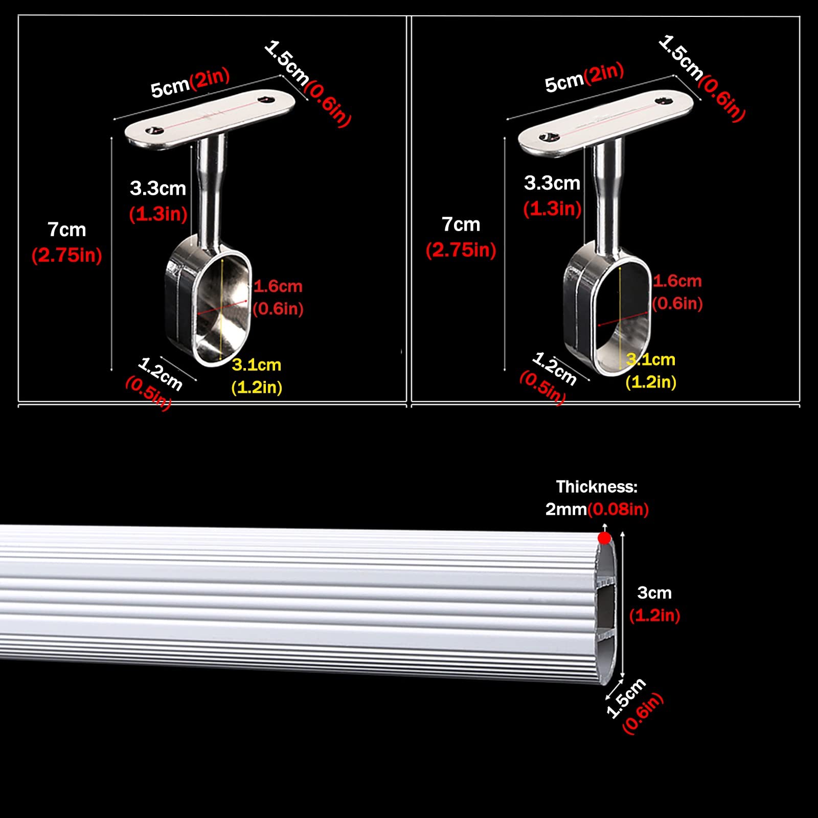 Regulowany drążek do szafy organizer bar srebrny stop aluminium wiszące pręty na ubrania do cięcia 11,8 140 cm długi owalny drążek do odzieży do przedszkola/domu/hotelu/biura z zestawem wsporników