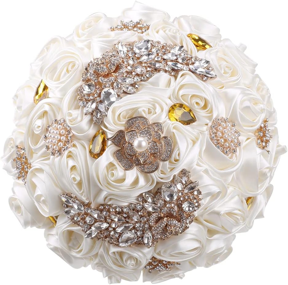 Sharebeauty 7.1" Handmade Satin Rose Bridal Bouquet Toss Round Wedding Bouquet Throw Toss Artificial Flower Bunch Pale Gold