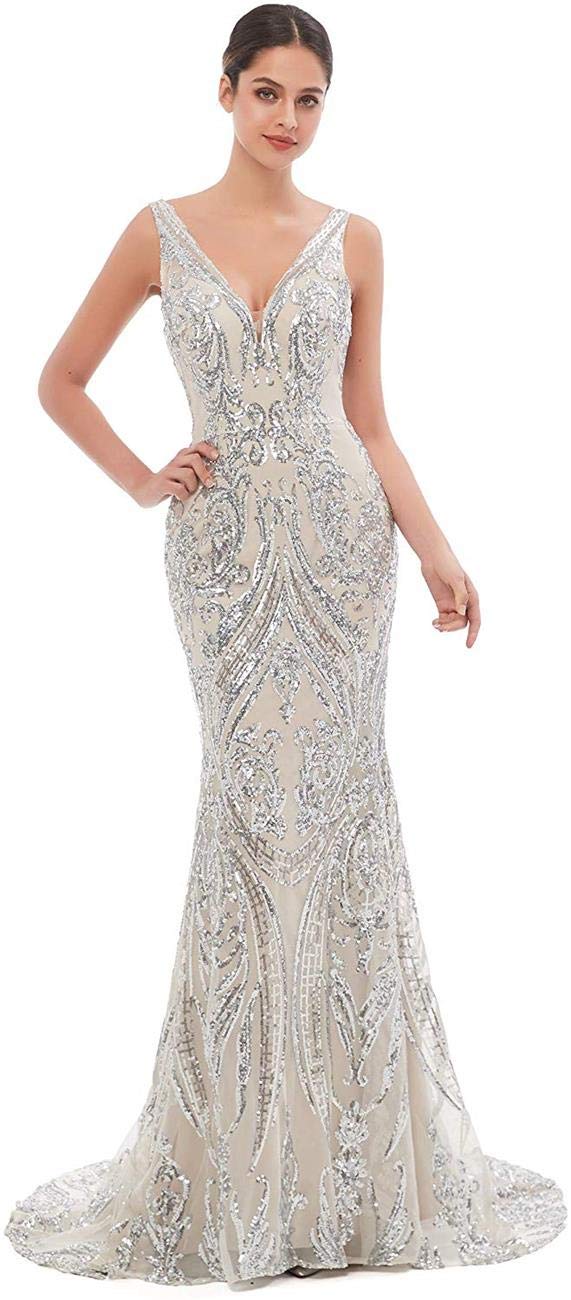 Women's V-Neck Sequins Mermaid Prom Evening Party Dress Sleeveless Lace-up Celebrity Pageant Gown