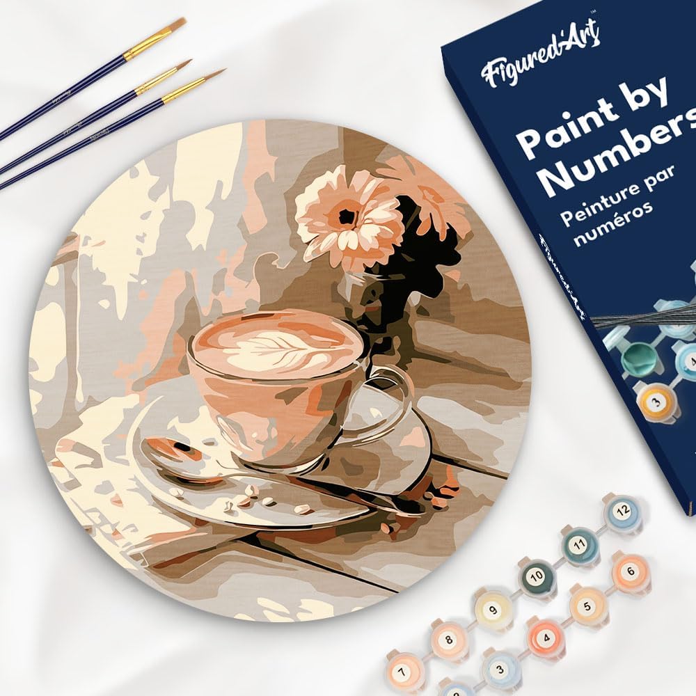 Figured'Art Paint by Numbers Kit for Adults on Wood Slice, 11.8in Diameter - Morning Coffee - Craft Art Painting DIY Canvas