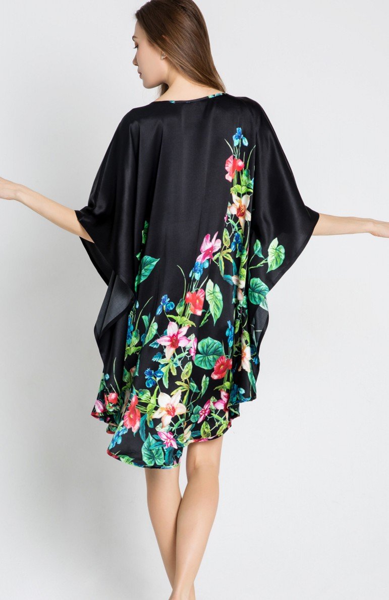 Damen Seidennachthemd 100% Seide lang Nachthemd mit Kunstdruck Schlafkleid, Kaftan oder Tunika