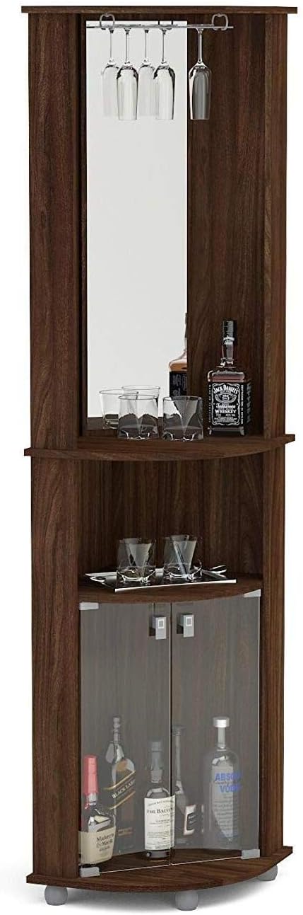 Boahaus Luxurious Corner Bar Cabinet for Living Room with Glass Rack, 2 Glass Doors, Mirrored Wall, Bottles Storage, Modern Brown Finish