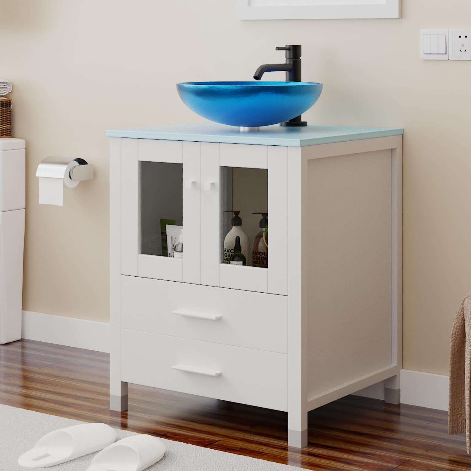 24 Inch Bathroom Vanity Cabinet Base High Gloss Free-Standing Vanity with Tempered Glass Countertop, 2 Storage Drawers & Soft-Closing Glass Door for Modern Bath/Powder Room White, No Vessel Sink