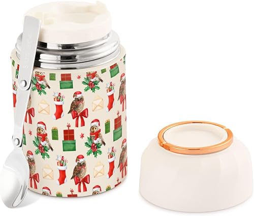 Christmas Gift Owls Food Jar with Spoon Stainless Steel Vacuum Insulated Food Container 17 oz Thermos for Lunch