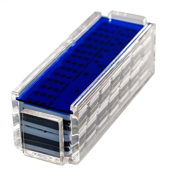 Modern Double Six Jumbo Tiles Dominoes Set, Acrylic Box with Acrylic Lid, Professional Two Toned Black and White Dominoes, Brass Center Rivet, Made in USA Blue
