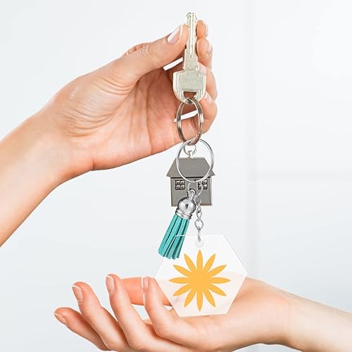 Miniatura 8 de Juego de 36 llaveros acrílicos en blanco, 3 formas de llavero de acrílico transparente en blanco, abalorios de borla de cuero, llaveros de anillos